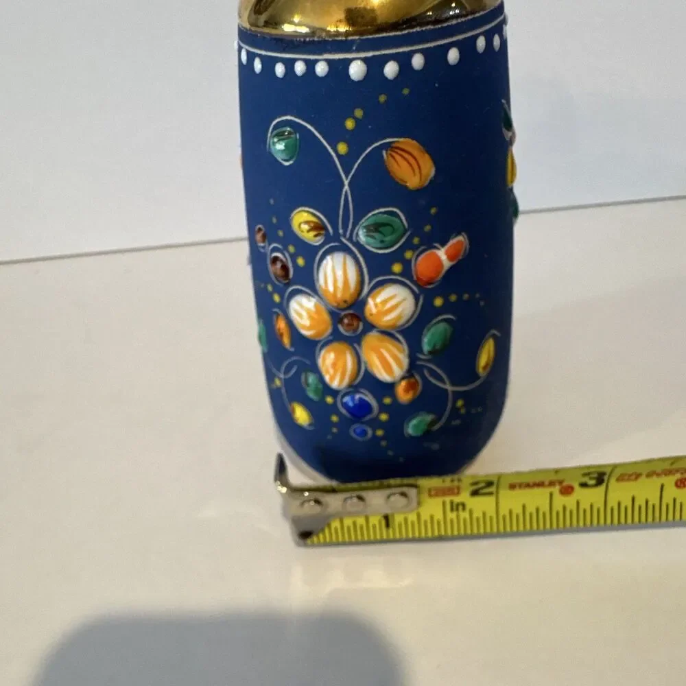 Hand Painted AVA Alcobaca Portugal Floral Blue & Gold Ceramic Vase 4.5 in
